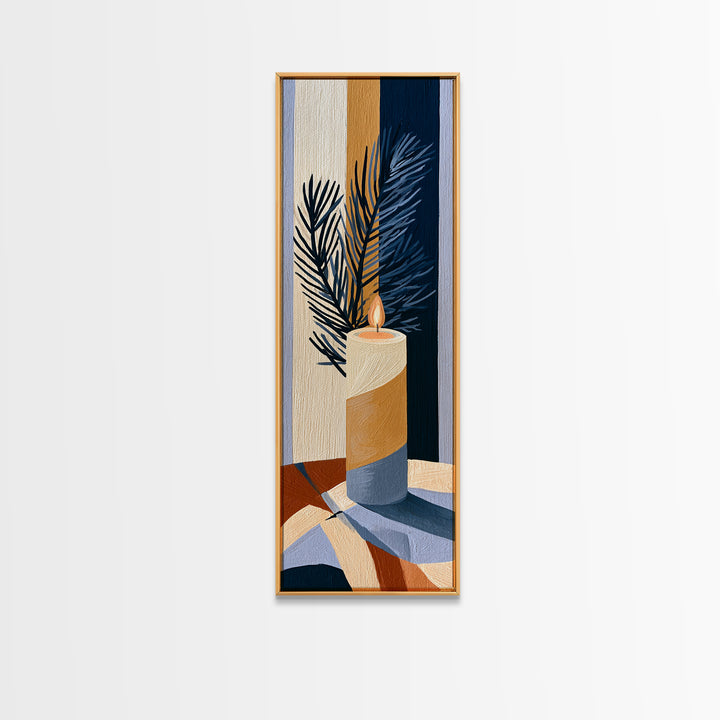 Hygge Candle and Pine Branch Still Life Canvas Print, Scandinavian Art, Abstract Painting, Living Room Decor, Nordic, SCA-1x3-64