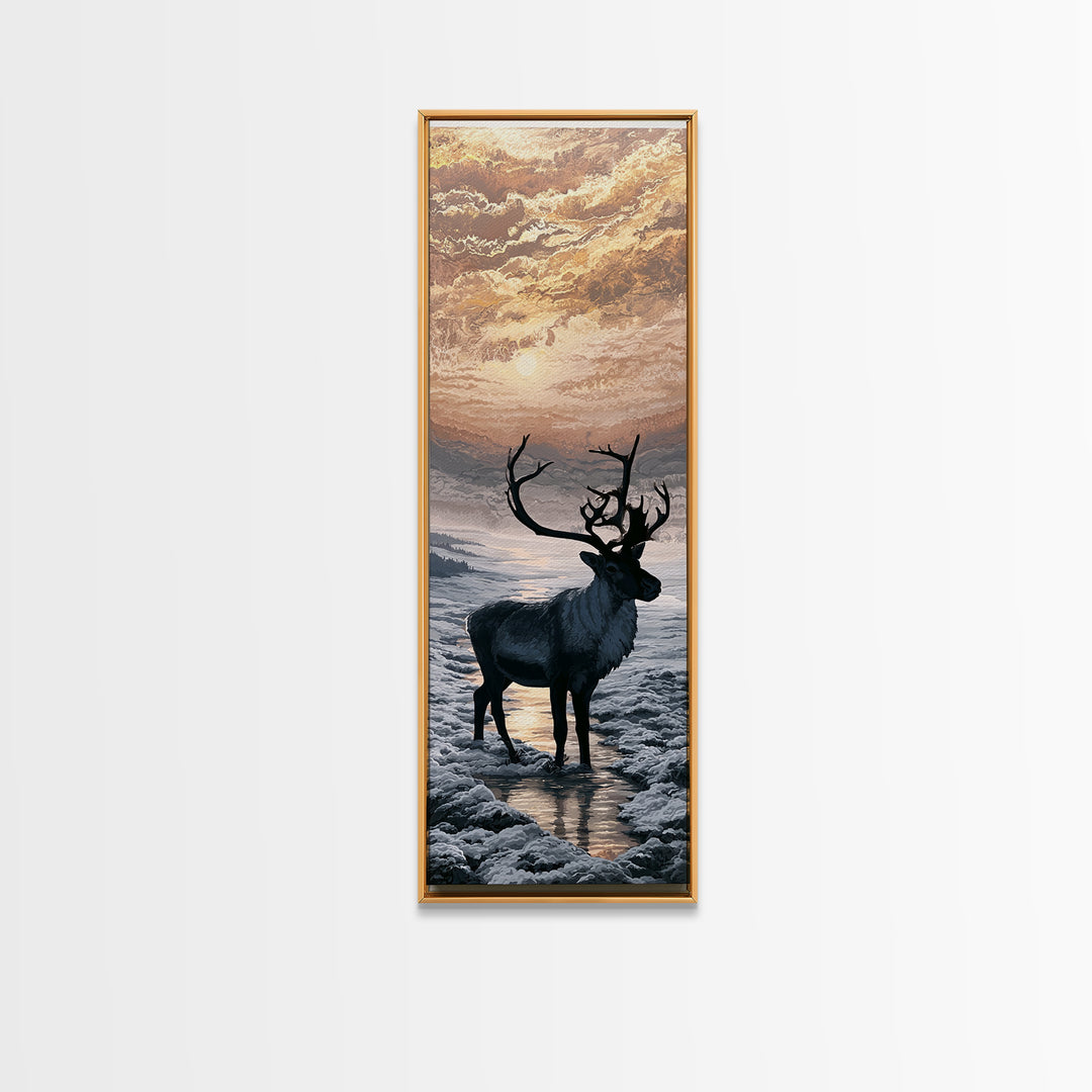 Reindeer Silhouette in Snowy Landscape Framed Canvas Print, Scandinavian Art, Wall Art, Living Room Decor, Fine Art, Nordic, SCA-1x3-66
