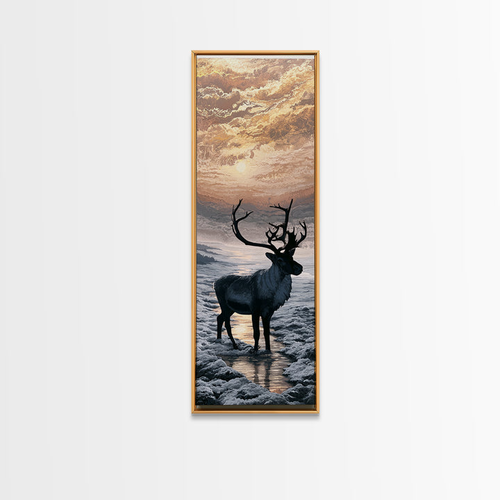 Reindeer Silhouette in Snowy Landscape Framed Canvas Print, Scandinavian Art, Wall Art, Living Room Decor, Fine Art, Nordic, SCA-1x3-66