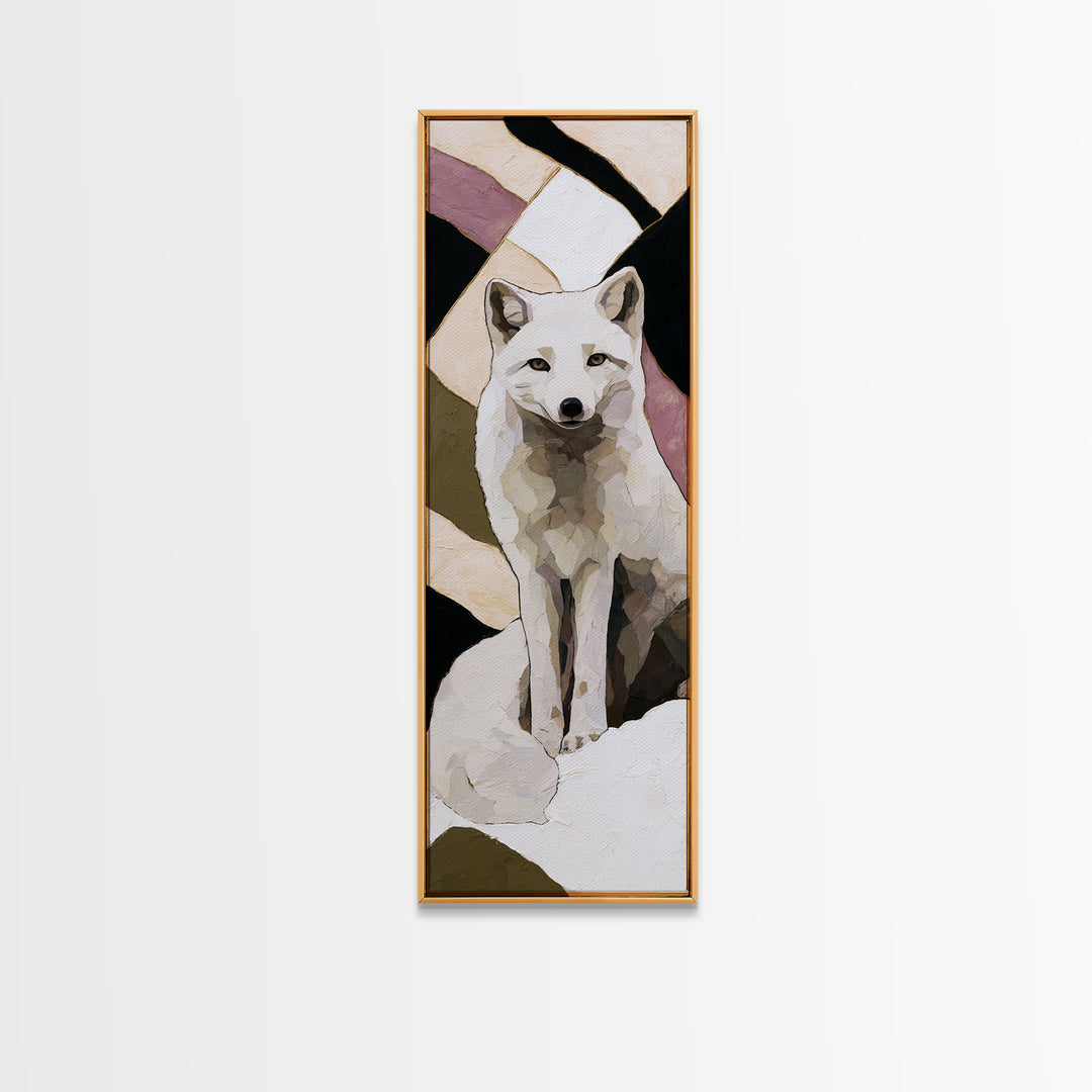White Fox in Quiet Snow Framed Canvas Print, Scandinavian Art, Statement Artwork, Living Room Decor, Abstract Art, Nordic, SCA-1x3-96