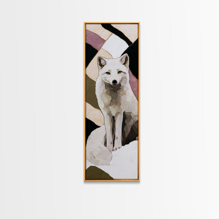 White Fox in Quiet Snow Framed Canvas Print, Scandinavian Art, Statement Artwork, Living Room Decor, Abstract Art, Nordic, SCA-1x3-96