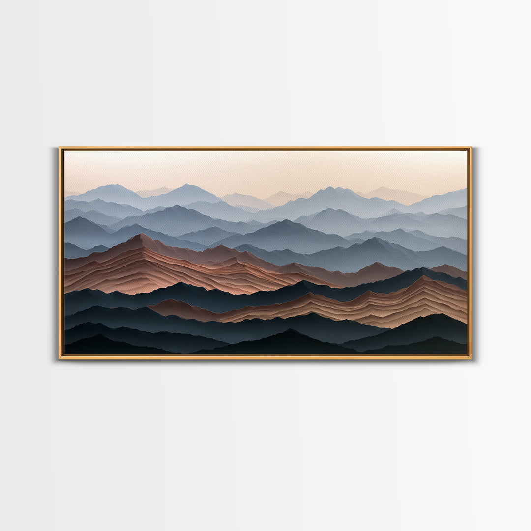 Muted Mountain Layers Framed Canvas Print, Scandinavian Art, Boho Wall Decor, Living Room Decor, Oil Painting, Nordic, SCA-2x1-100