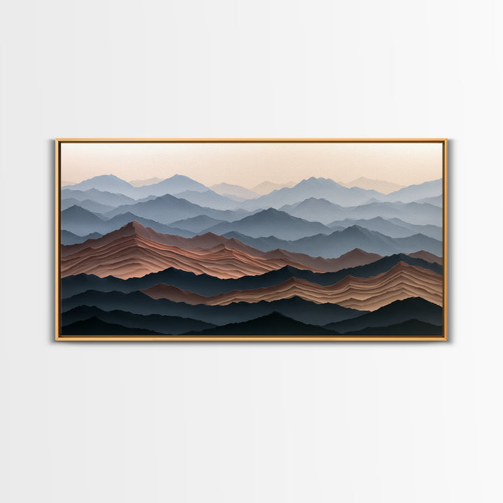 Muted Mountain Layers Framed Canvas Print, Scandinavian Art, Boho Wall Decor, Living Room Decor, Oil Painting, Nordic, SCA-2x1-100