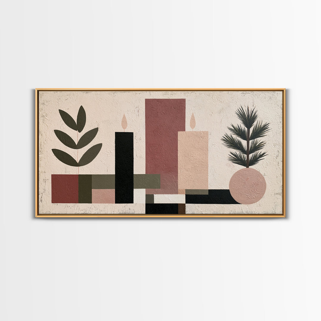 Hygge Candle and Pine Branch Still Life Framed Canvas Print, Scandinavian Art, Living Room Decor, Oil Painting, Nordic, SCA-2x1-24