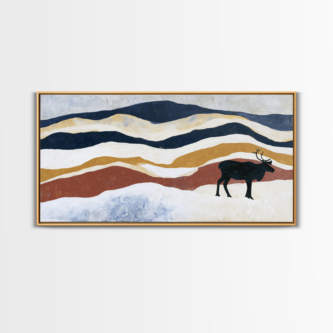 Reindeer Silhouette in Snowy Landscape Canvas Print, Scandinavian Art, Art, Living Room Decor, Fine Art, Nordic, Abstract Art, SCA-2x1-26