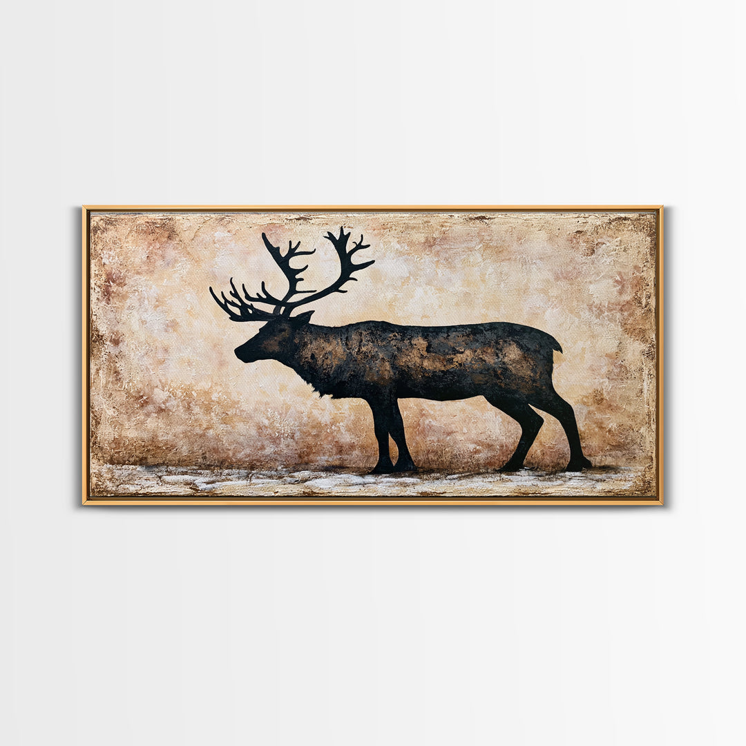 Reindeer Silhouette in Snowy Landscape Canvas Print, Scandinavian Art, Mid Century Modern, Living Room Decor, Nordic, SCA-2x1-50