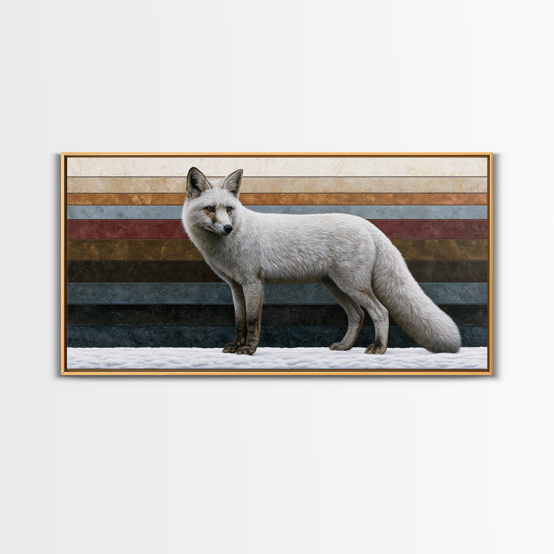 White Fox in Quiet Snow Framed Canvas Print, Scandinavian Art, Printable Wall Art, Living Room Decor, Fine Art, Nordic, SCA-2x1-56