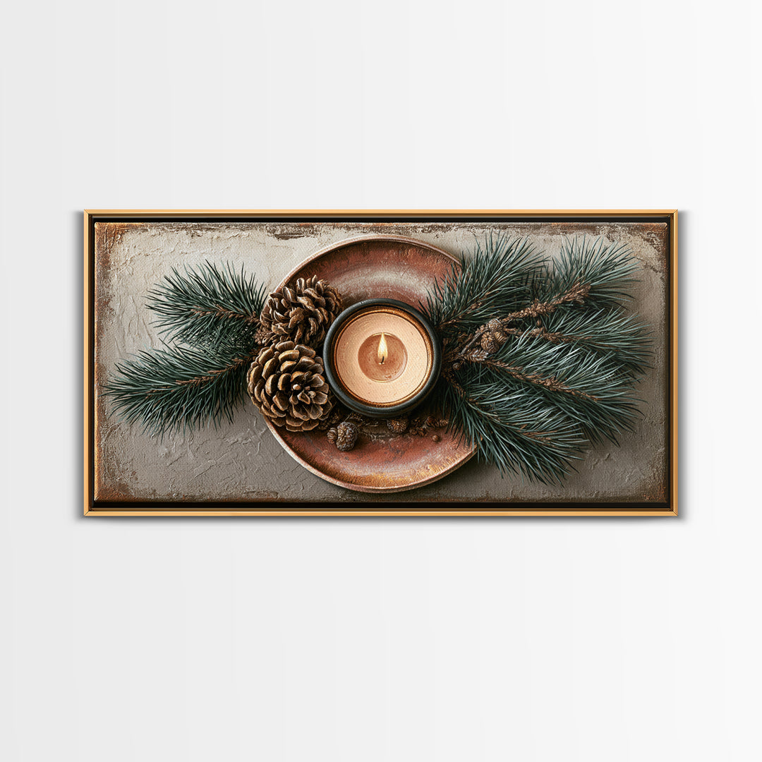 Hygge Candle and Pine Branch Still Life Framed Canvas Print, Scandinavian Art, Oil Painting, Living Room Decor, Watercolor Art, SCA-2x1-72