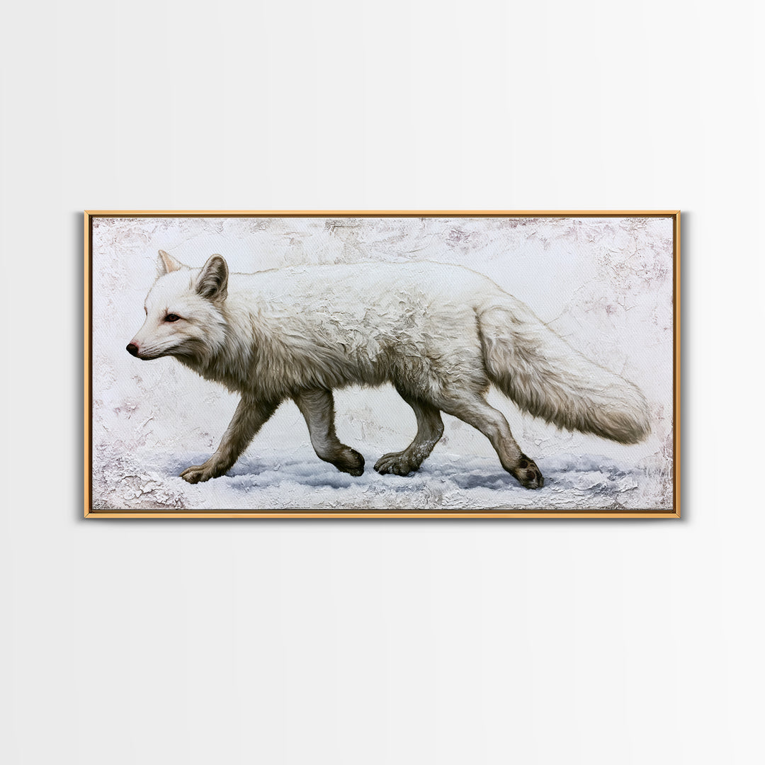 White Fox in Quiet Snow Framed Canvas Print, Scandinavian Art, Living Room Decor, Nordic, Gallery Decor, Neutral Decor, SCA-2x1-80