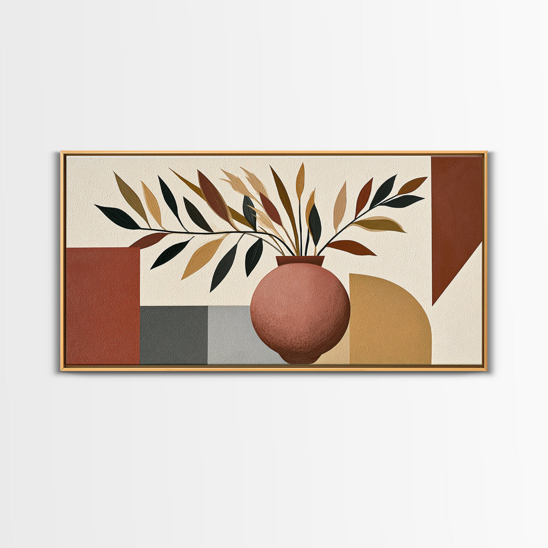 Ceramic Vase with Dried Grasses Framed Canvas Print, Scandinavian Art, Oil Painting, Living Room Decor, Fine Art, Nordic, SCA-2x1-9