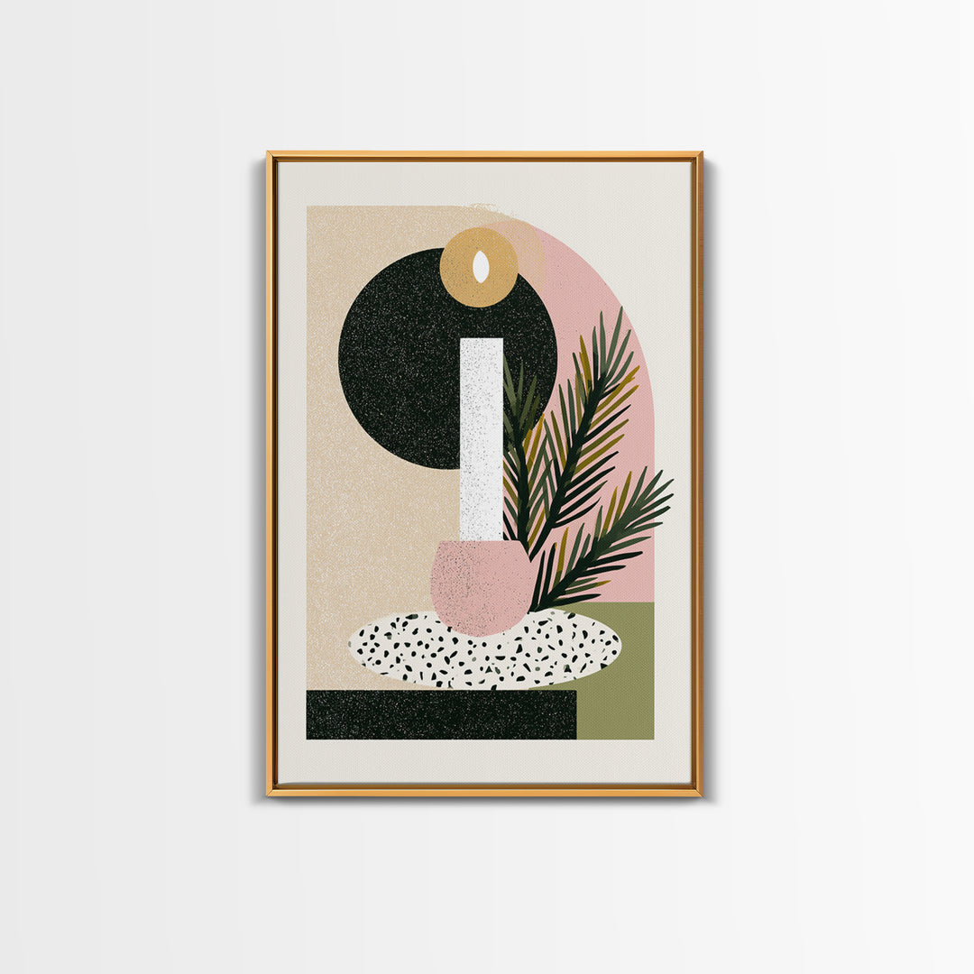 Hygge Candle and Pine Branch Still Life Framed Canvas Print, Scandinavian Art, Canvas Art, Living Room Decor, Fine Art, Nordic, SCA-2x3-12