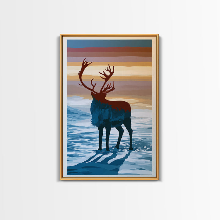 Reindeer Silhouette in Snowy Landscape Canvas Print, Scandinavian Art, Printable, Living Room Decor, Fine Art, Nordic, SCA-2x3-14