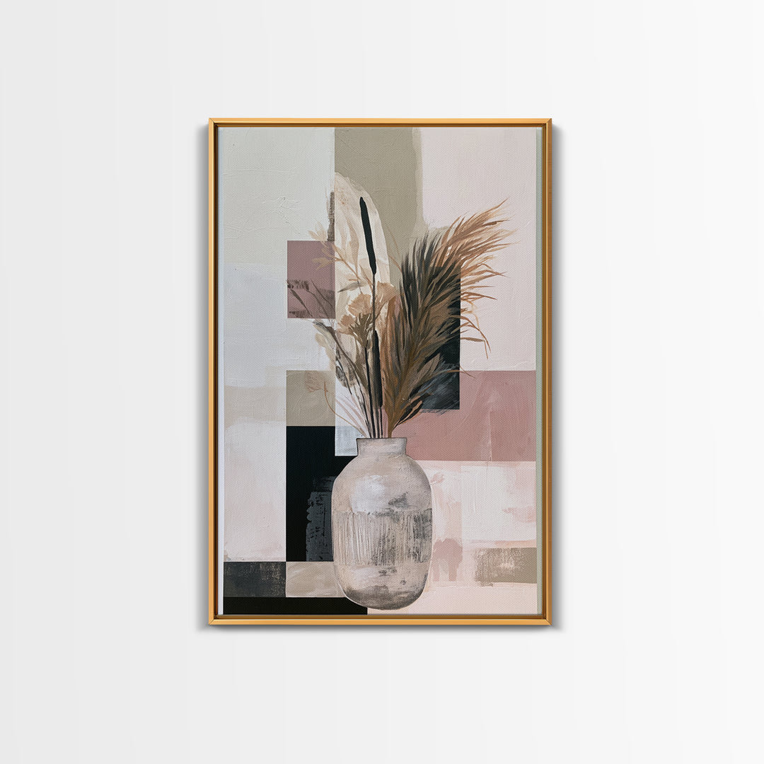 Ceramic Vase with Dried Grasses Framed Canvas Print, Scandinavian Art, Abstract Art, Living Room Decor, Oil Painting, Nordic, SCA-2x3-21