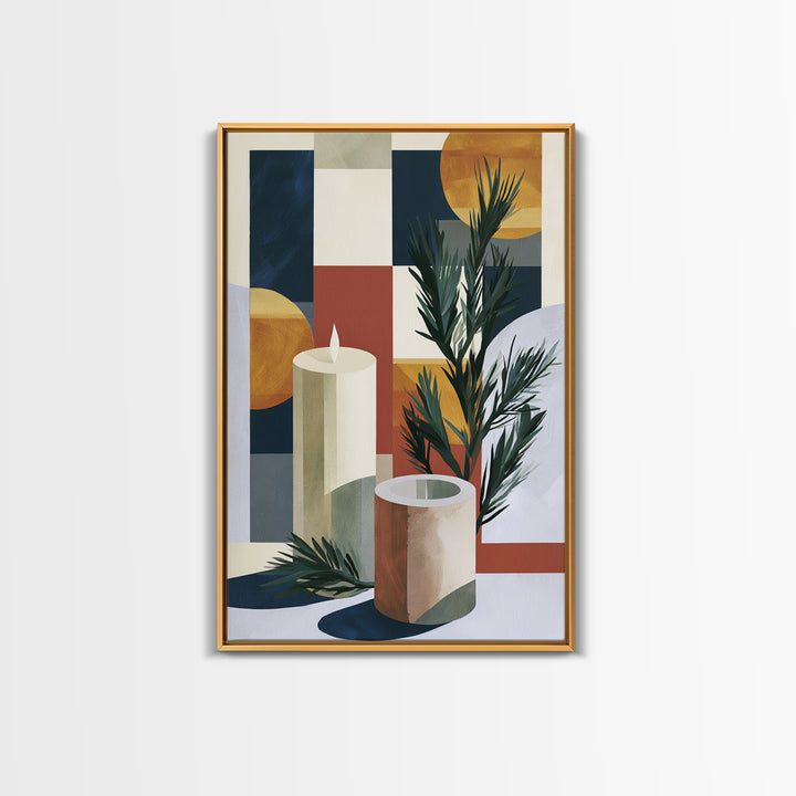 Hygge Candle and Pine Branch Still Life Framed Canvas Print, Scandinavian Art, Textured Painting, Living Room Decor, Nordic, SCA-2x3-36