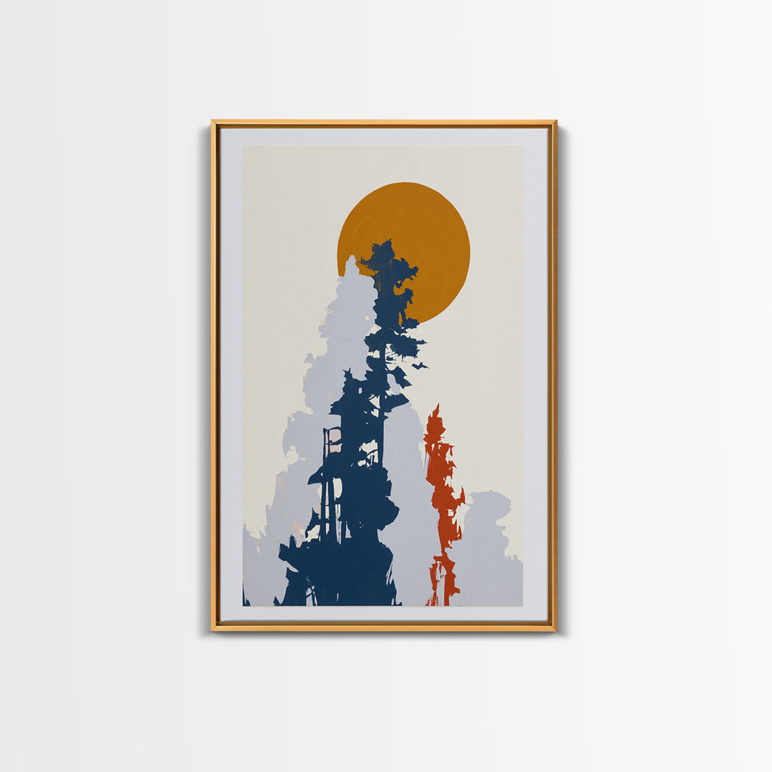 Minimal Sun over Pine Forest Framed Canvas Print, Scandinavian Art, Abstract Painting, Living Room Decor, Fine Art, Nordic, SCA-2x3-73