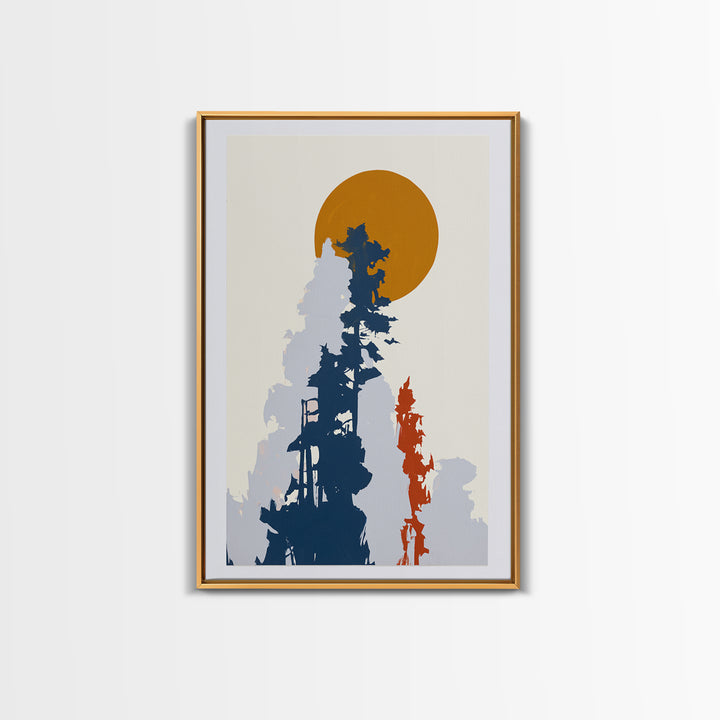 Minimal Sun over Pine Forest Framed Canvas Print, Scandinavian Art, Abstract Painting, Living Room Decor, Fine Art, Nordic, SCA-2x3-73