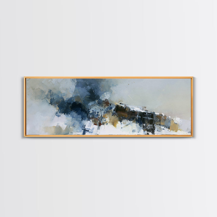 Winter Cabin Smoke Framed Canvas Print, Scandinavian Art, Oil Painting, Living Room Decor, Fine Art, Nordic, Boho Wall Decor, SCA-3x1-10