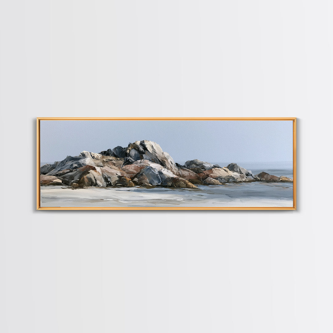 Quiet Coastal Rocks and Gray Sea Framed Canvas Print, Scandinavian Art, Fine Art Print, Living Room Decor, Fine Art, Nordic, SCA-3x1-15