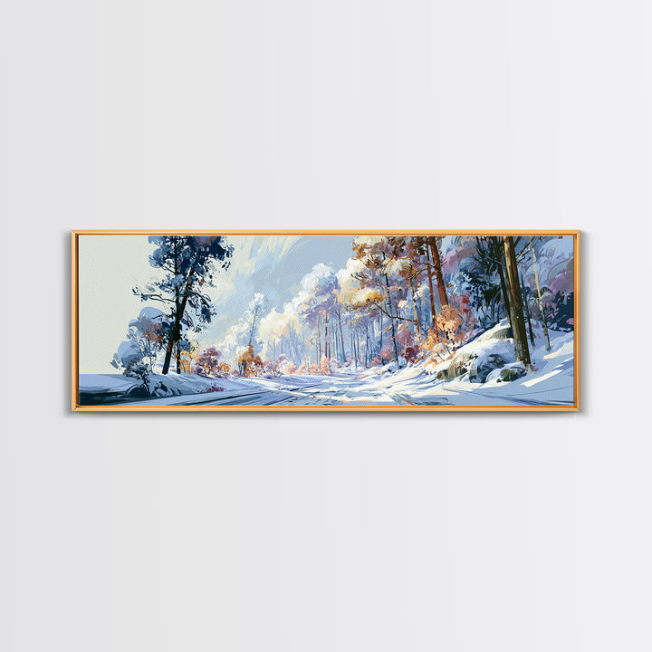 Snowy Nordic Forest Framed Canvas Print, Scandinavian Art, Gallery Decor, Living Room Decor, Fine Art, Nordic, Home Decor, SCA-3x1-17