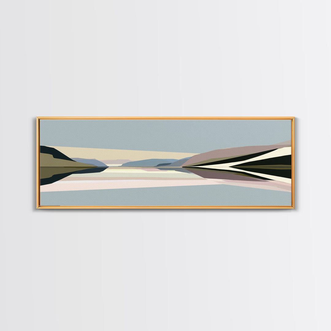 Minimal Fjord Landscape Framed Canvas Print, Scandinavian Art, Living Room Decor, Nordic, Gallery Decor, Neutral Decor, SCA-3x1-18