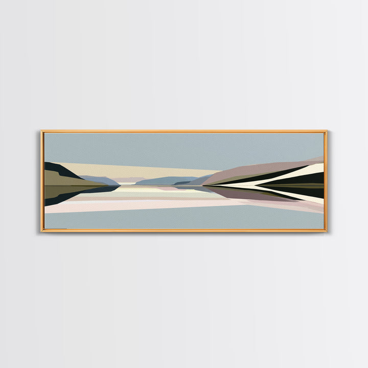 Minimal Fjord Landscape Framed Canvas Print, Scandinavian Art, Living Room Decor, Nordic, Gallery Decor, Neutral Decor, SCA-3x1-18
