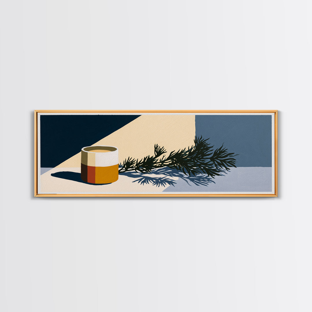 Hygge Candle and Pine Branch Still Life Canvas Print, Scandinavian Art, Floral Wall Art, Living Room Decor, Oil Painting, SCA-3x1-20