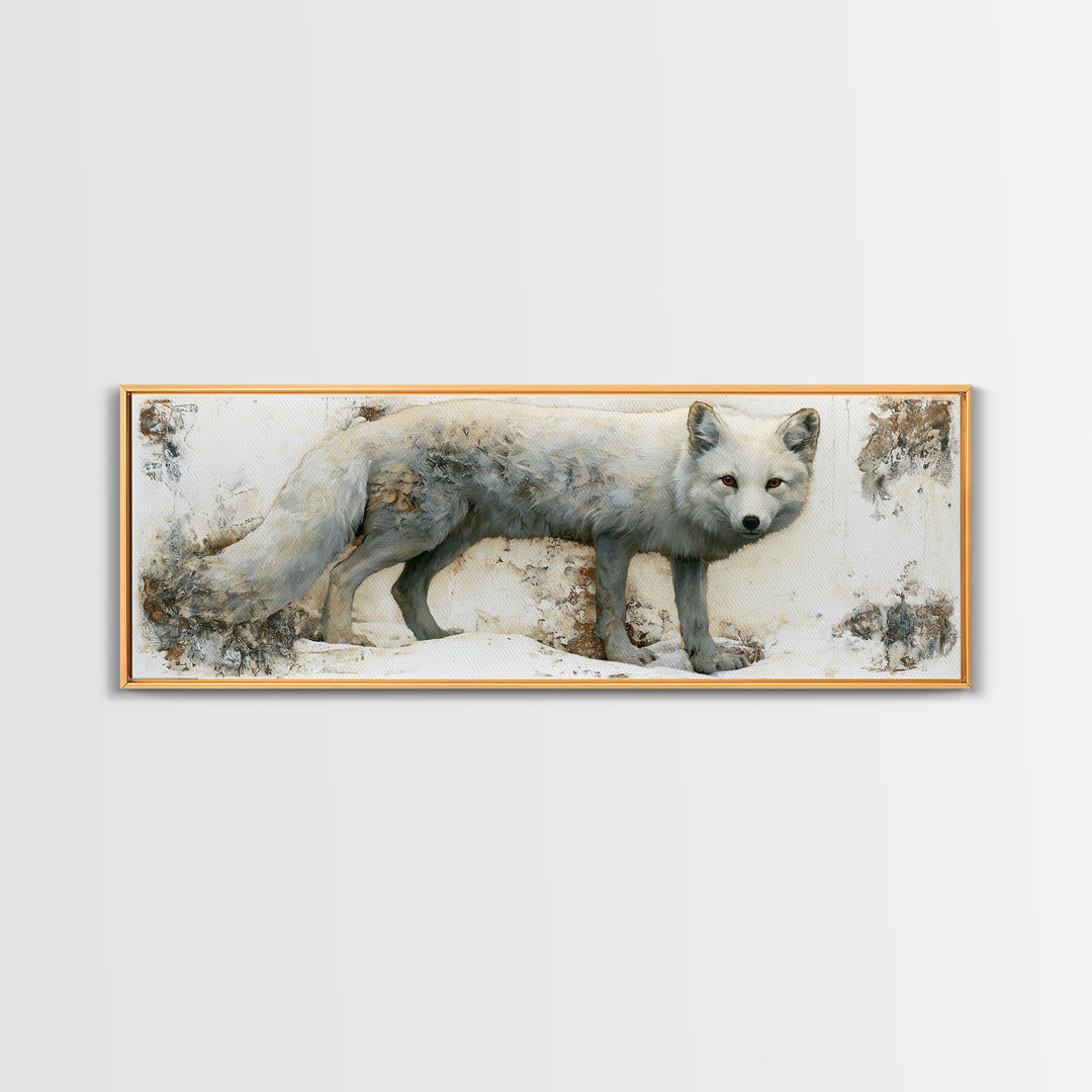White Fox in Quiet Snow Framed Canvas Print, Scandinavian Art, Scandinavian, Living Room Decor, Oil Painting, Nordic, SCA-3x1-28