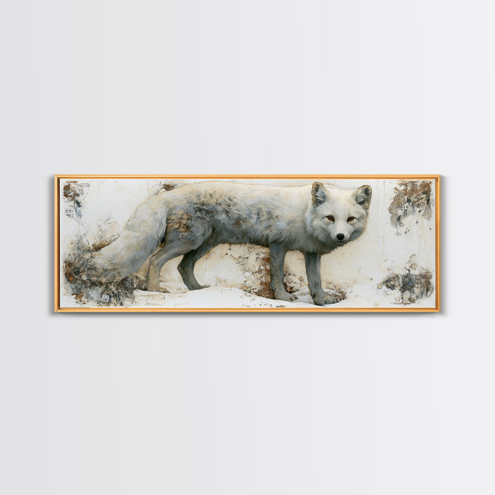 White Fox in Quiet Snow Framed Canvas Print, Scandinavian Art, Scandinavian, Living Room Decor, Oil Painting, Nordic, SCA-3x1-28