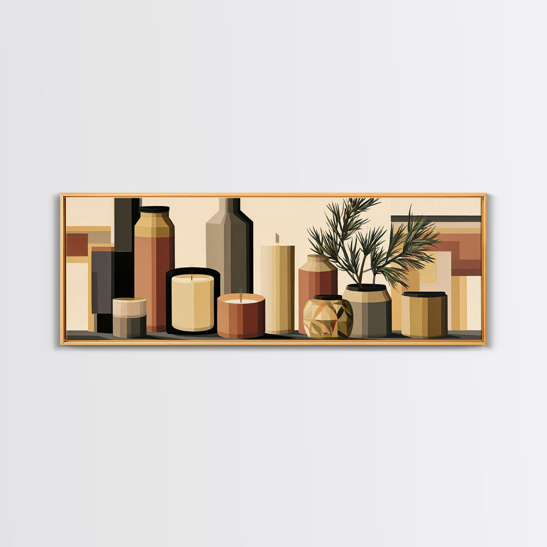 Hygge Candle and Pine Branch Still Life Framed Canvas Print, Scandinavian Art, Fine Art Print, Living Room Decor, SCA-3x1-44