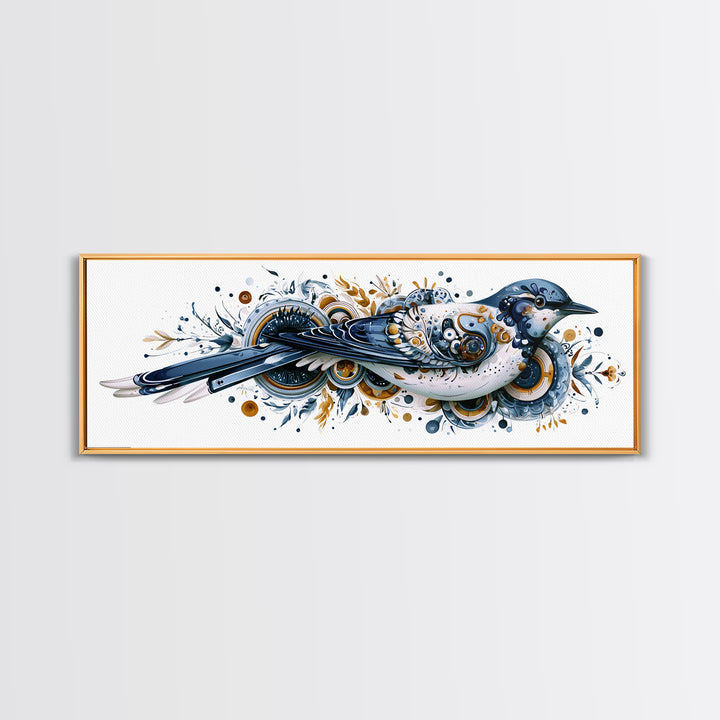 Nordic Folk Bird Framed Canvas Print, Scandinavian Art, Digital Wall Art, Living Room Decor, Fine Art, Nordic, Boho Decor, SCA-3x1-51