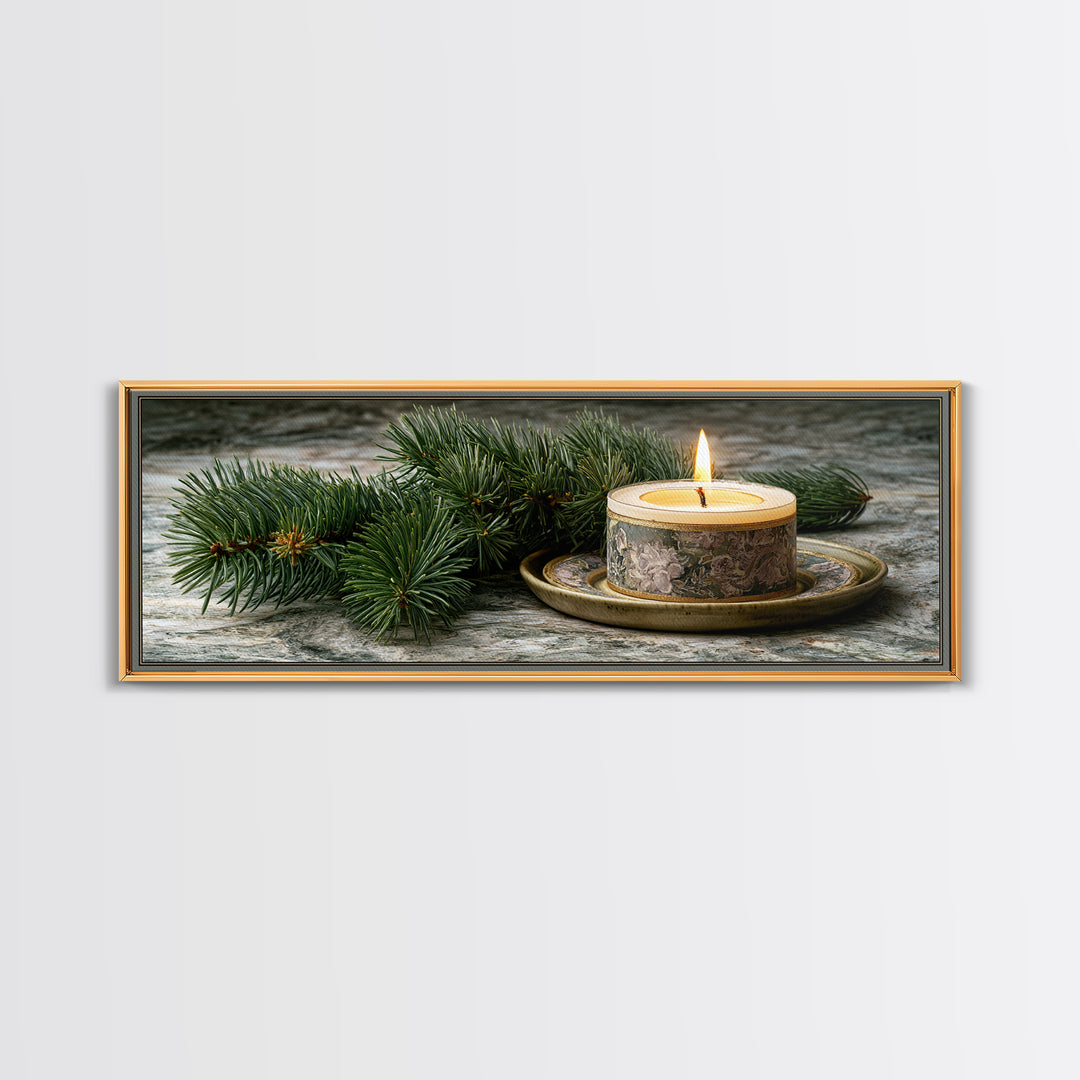 Hygge Candle and Pine Branch Still Life Framed Canvas Print, Scandinavian Art, Wall Decor, Living Room Decor, Fine Art, Nordic, SCA-3x1-68
