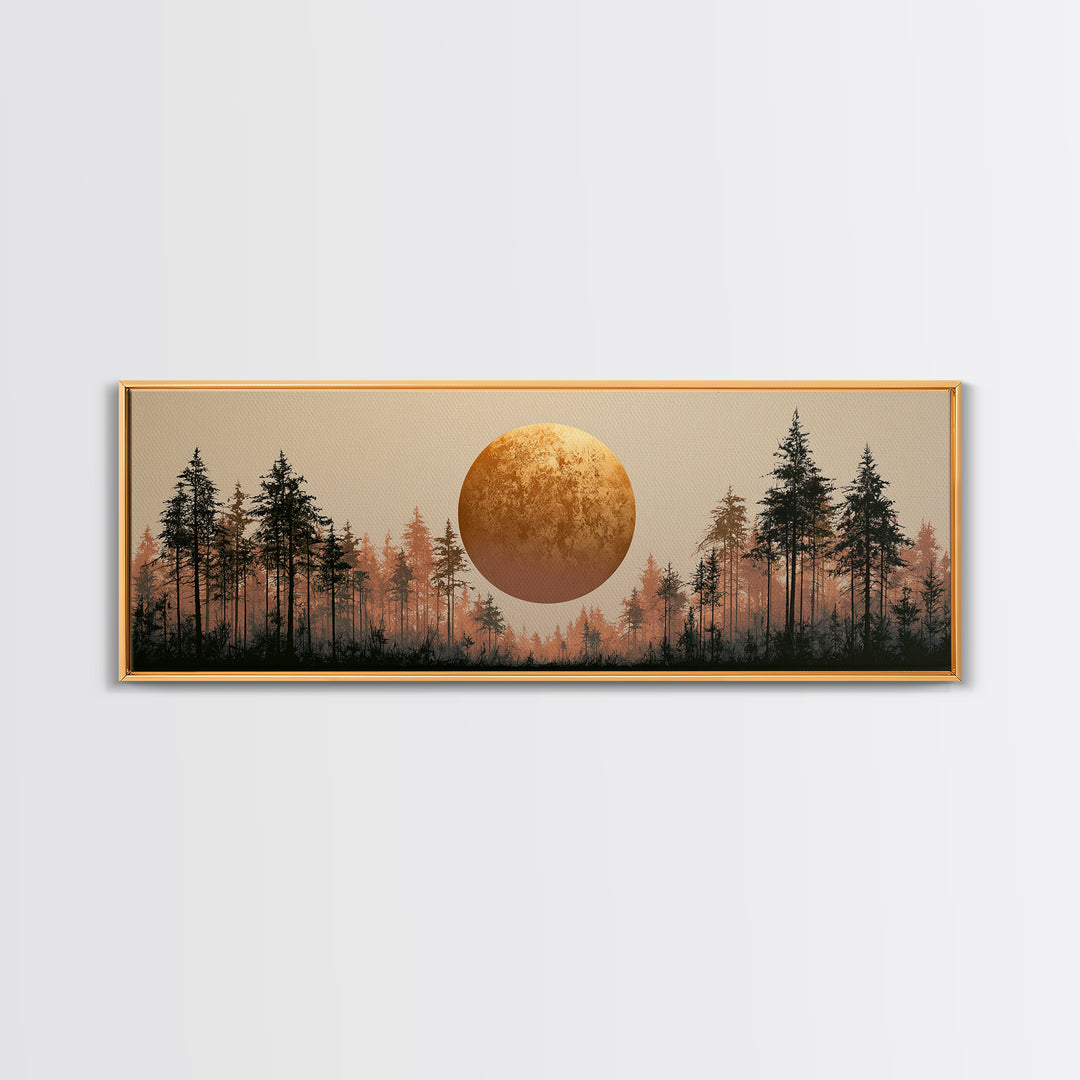 Minimal Sun over Pine Forest Framed Canvas Print, Scandinavian Art, Statement Artwork, Living Room Decor, Fine Art, Nordic, SCA-3x1-81