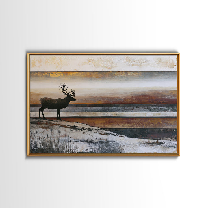 Reindeer Silhouette in Snowy Landscape Framed Canvas Print, Scandinavian Art, Boho Wall Decor, Living Room Decor, Oil Painting, SCA-3x2-10