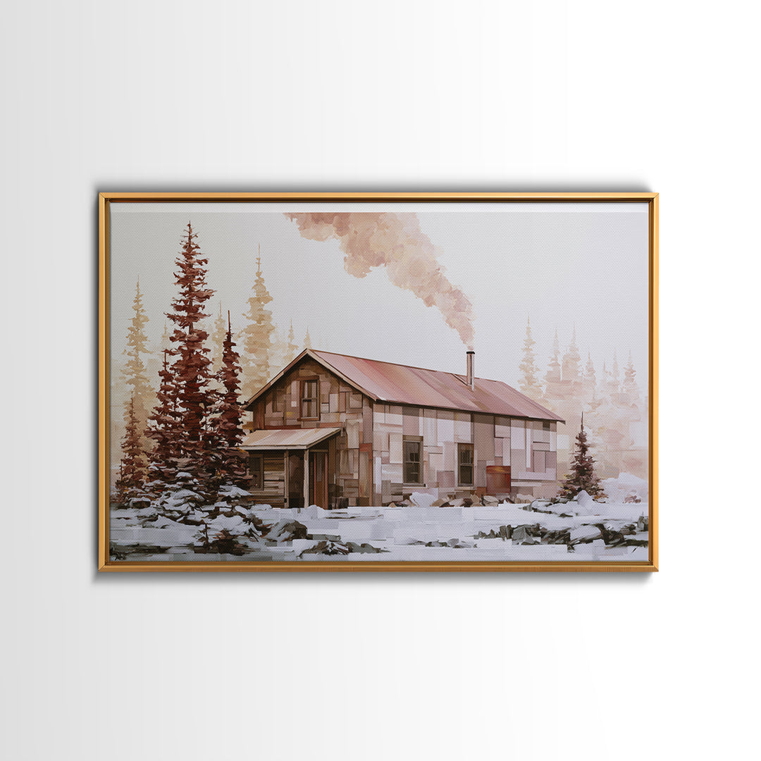 Winter Cabin Smoke Canvas Print, Scandinavian Art, Boho Wall Art, Living Room Decor, Oil Painting, Nordic, Modern Decor, SCA-3x2-22