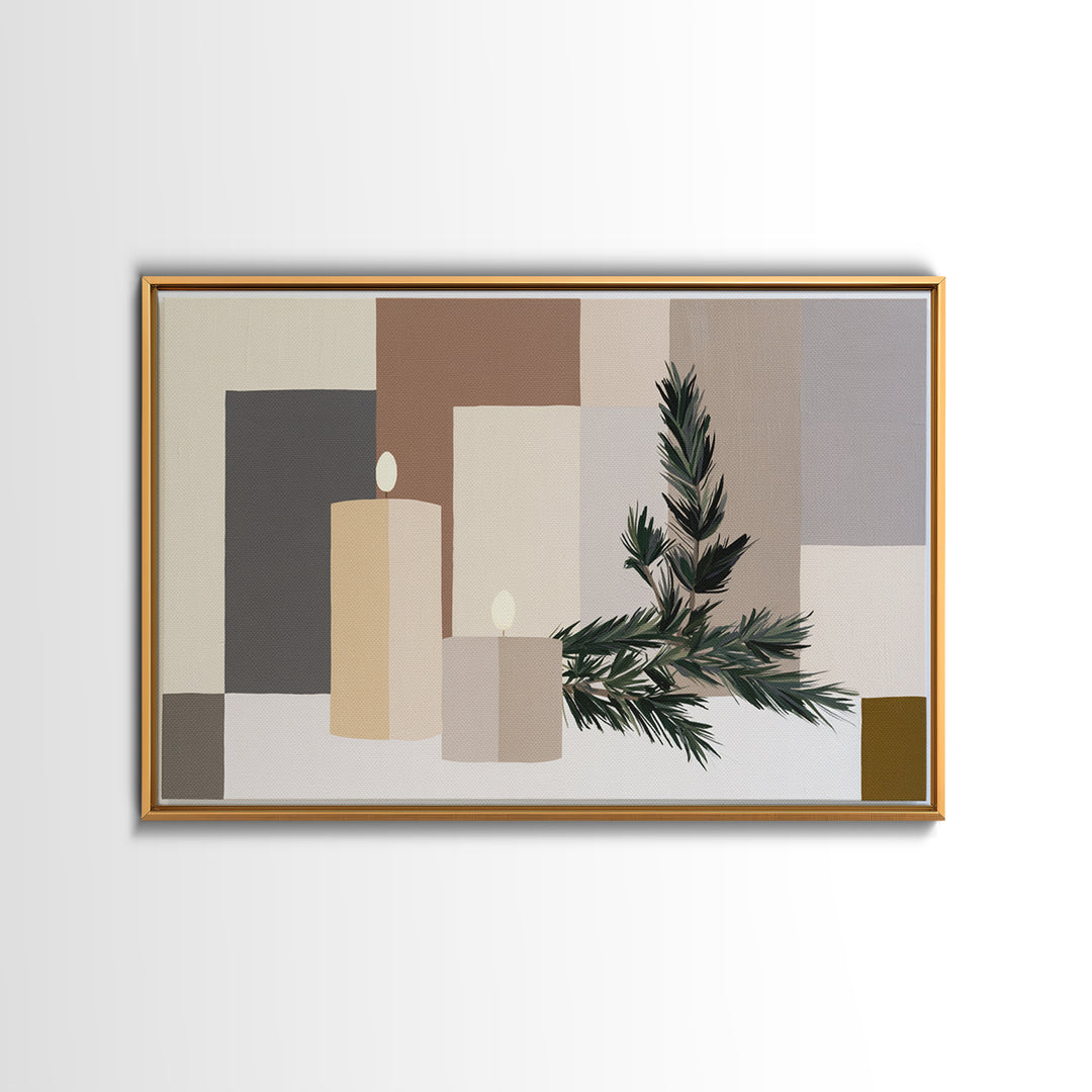 Hygge Candle and Pine Branch Still Life Canvas Print, Scandinavian Art, Luxury Decor, Living Room Decor, Oil Painting, Nordic, SCA-3x2-32
