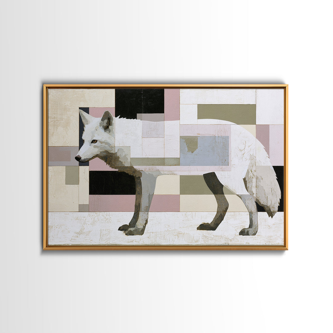 White Fox in Quiet Snow Framed Canvas Print, Scandinavian Art, Textured Painting, Living Room Decor, Oil Painting, Nordic, SCA-3x2-40