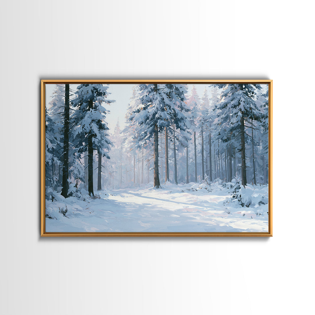 Snowy Nordic Forest Framed Canvas Print, Scandinavian Art, Statement Artwork, Living Room Decor, Oil Painting, Nordic, SCA-3x2-5
