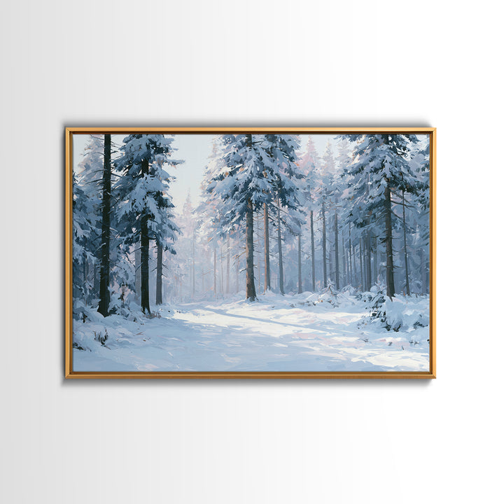 Snowy Nordic Forest Framed Canvas Print, Scandinavian Art, Statement Artwork, Living Room Decor, Oil Painting, Nordic, SCA-3x2-5