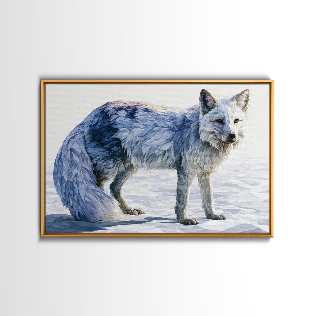 White Fox in Quiet Snow Framed Canvas Print, Scandinavian Art, Mid Century Modern, Living Room Decor, Abstract Art, Nordic, SCA-3x2-64