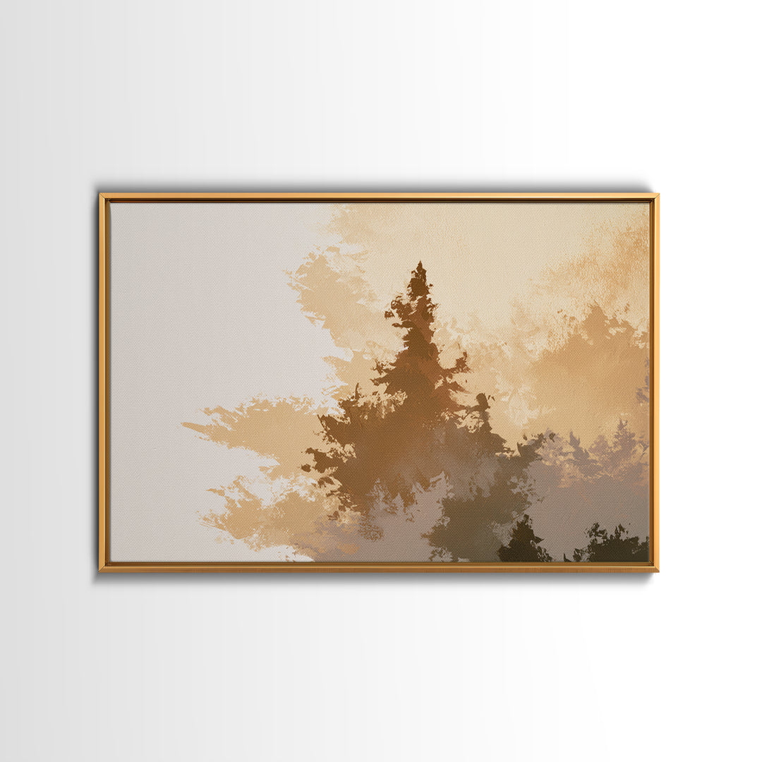 Minimal Sun over Pine Forest Framed Canvas Print, Scandinavian Art, Textured Painting, Living Room Decor, Fine Art, Nordic, SCA-3x2-69