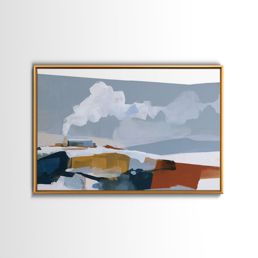 Winter Cabin Smoke Framed Canvas Print, Scandinavian Art, Living Room Wall Art, Living Room Decor, Fine Art, Nordic, SCA-3x2-70