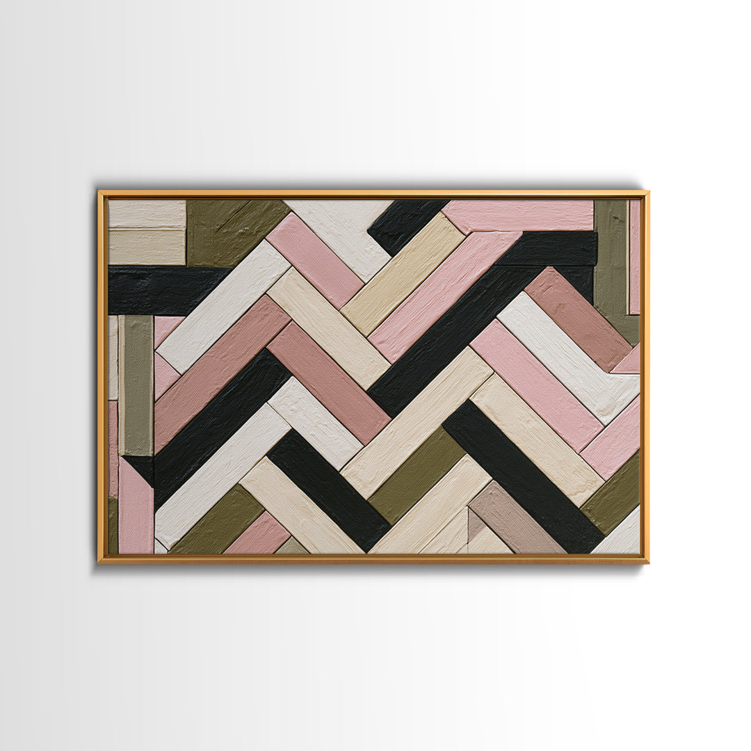 Herringbone Monochrome Pattern Framed Canvas Print, Scandinavian Art, Abstract Painting, Living Room Decor, Oil Painting, SCA-3x2-74