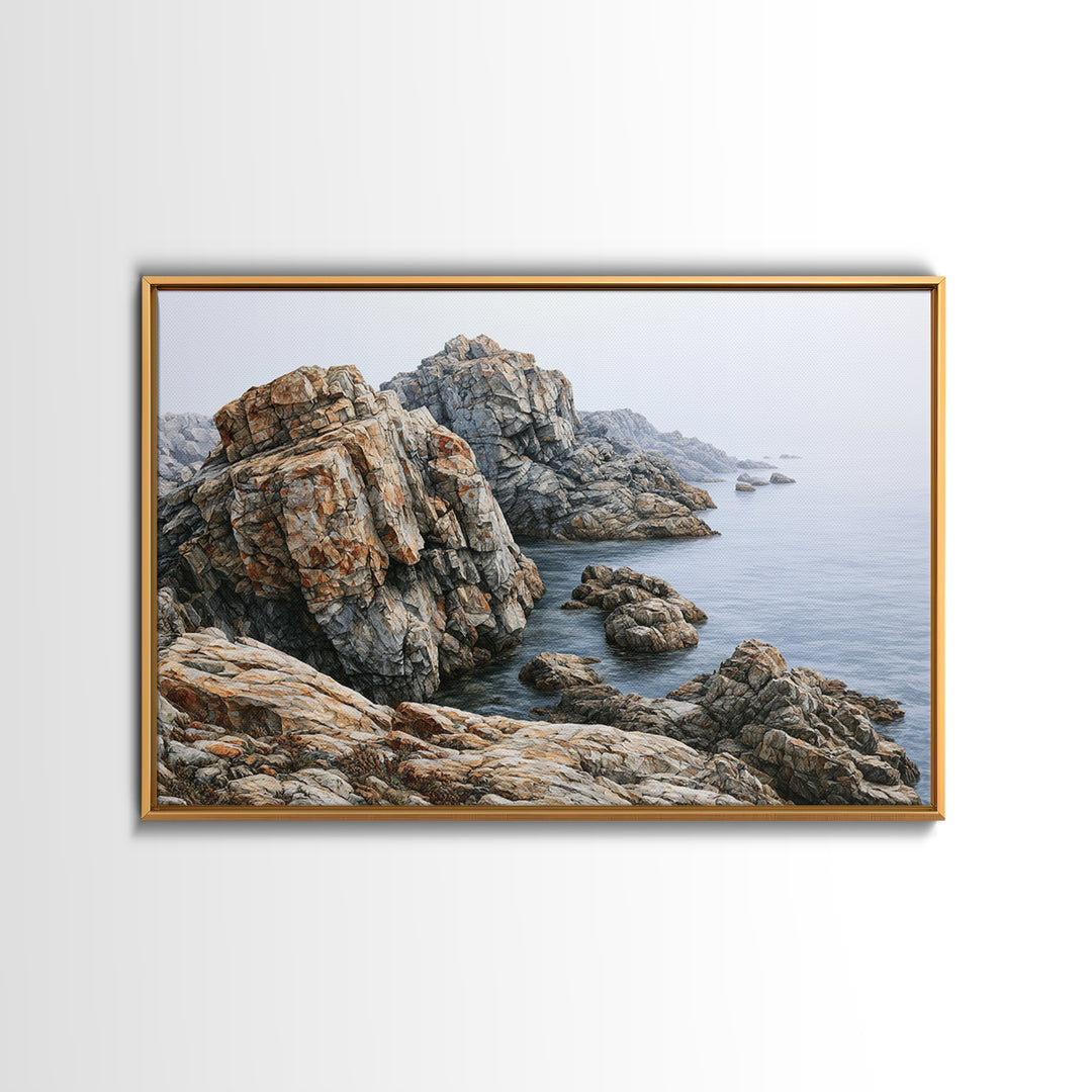 Quiet Coastal Rocks and Gray Sea Canvas Print, Scandinavian Art, Farmhouse Decor, Living Room Decor, Fine Art, Nordic, SCA-3x2-75