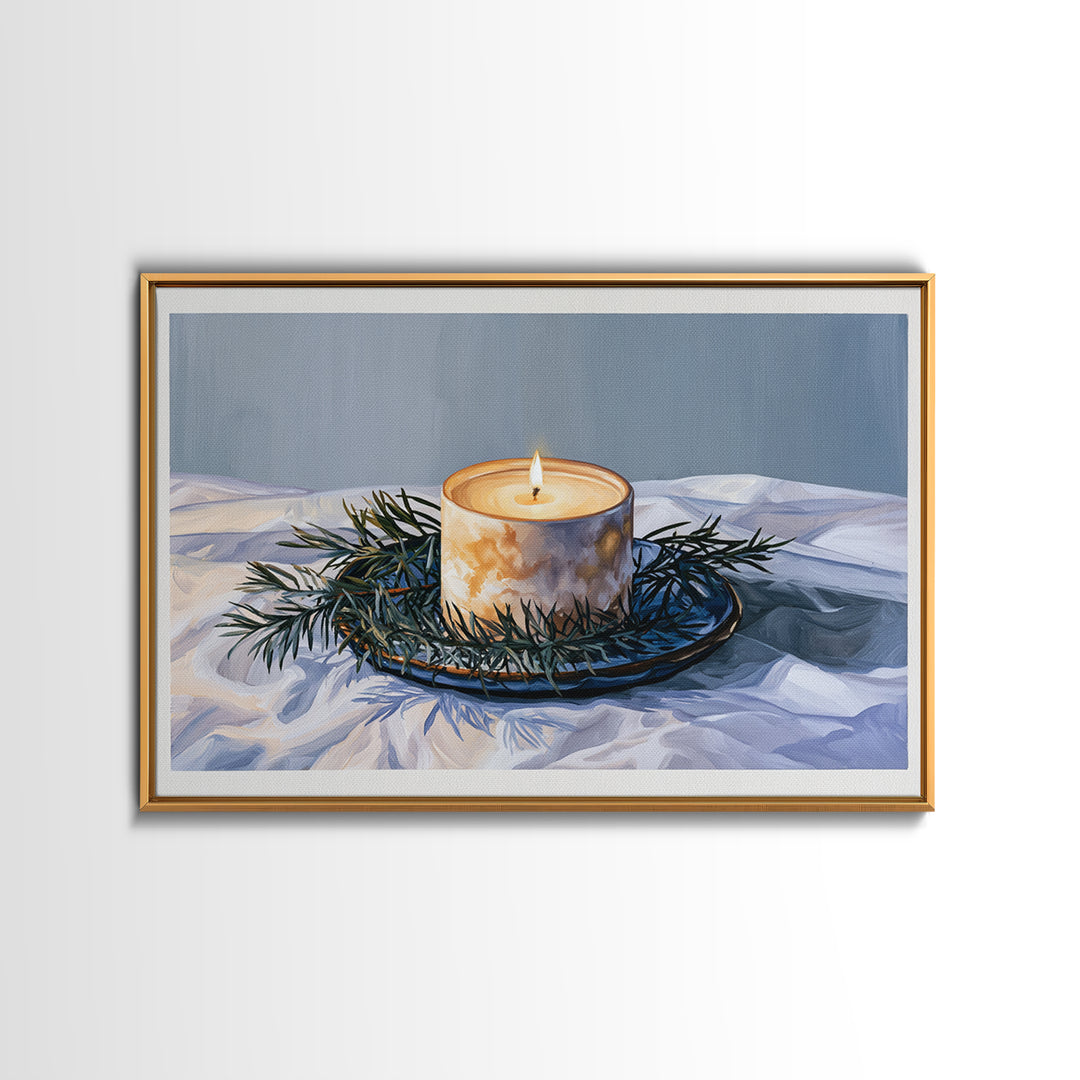 Hygge Candle and Pine Branch Still Life Framed Canvas Print, Scandinavian Art, Gallery Decor, Living Room Decor, Nordic, SCA-3x2-8