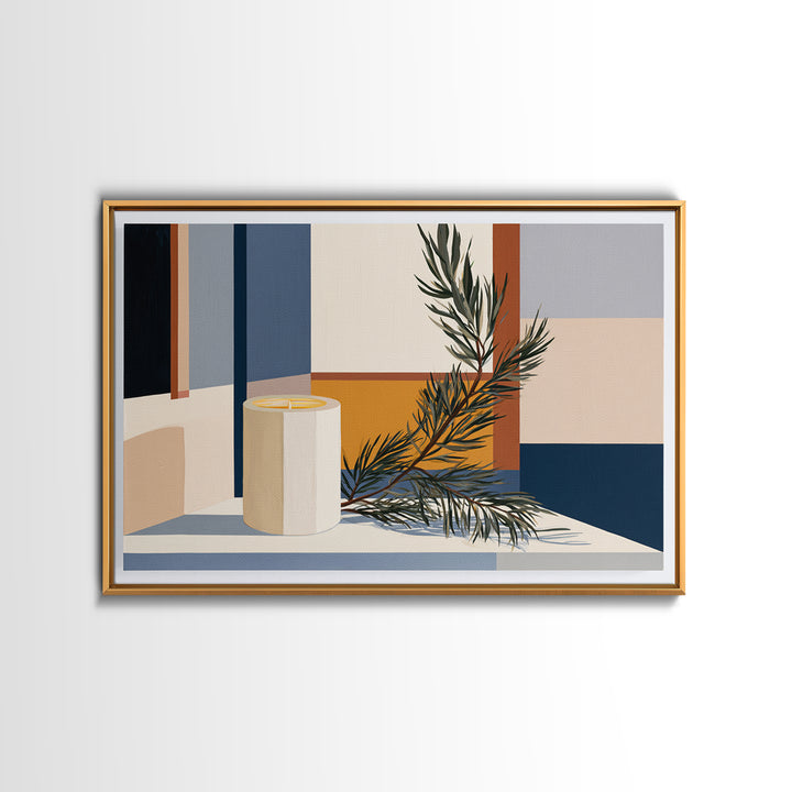 Hygge Candle and Pine Branch Still Life Framed Canvas Print, Scandinavian Art, Digital Wall Art, Living Room Decor, Nordic, SCA-3x2-80