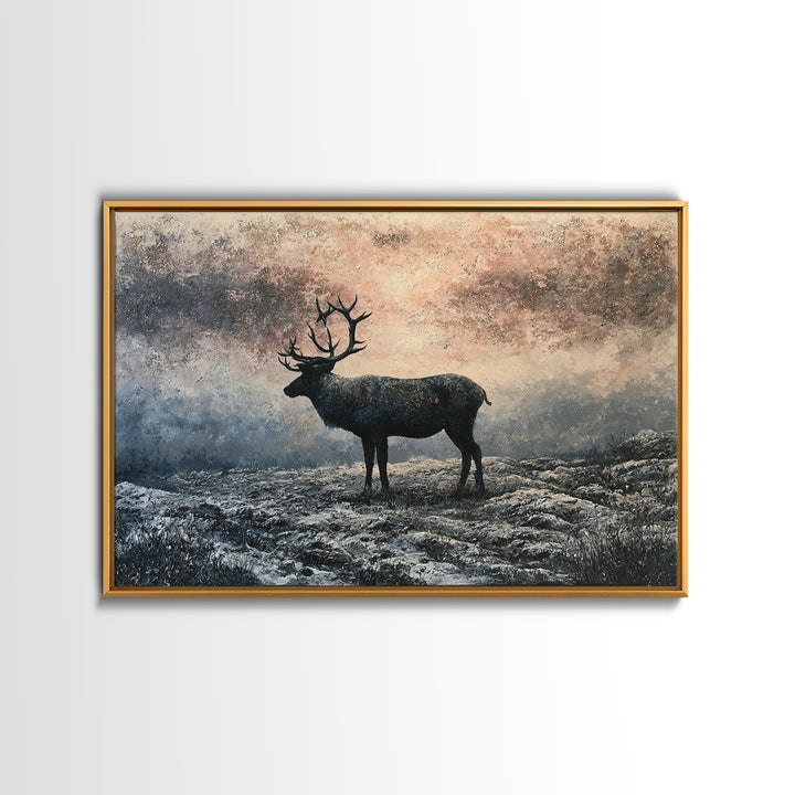 Reindeer Silhouette in Snowy Landscape Framed Canvas Print, Scandinavian Art, Statement Artwork, Living Room Decor, Nordic, SCA-3x2-82