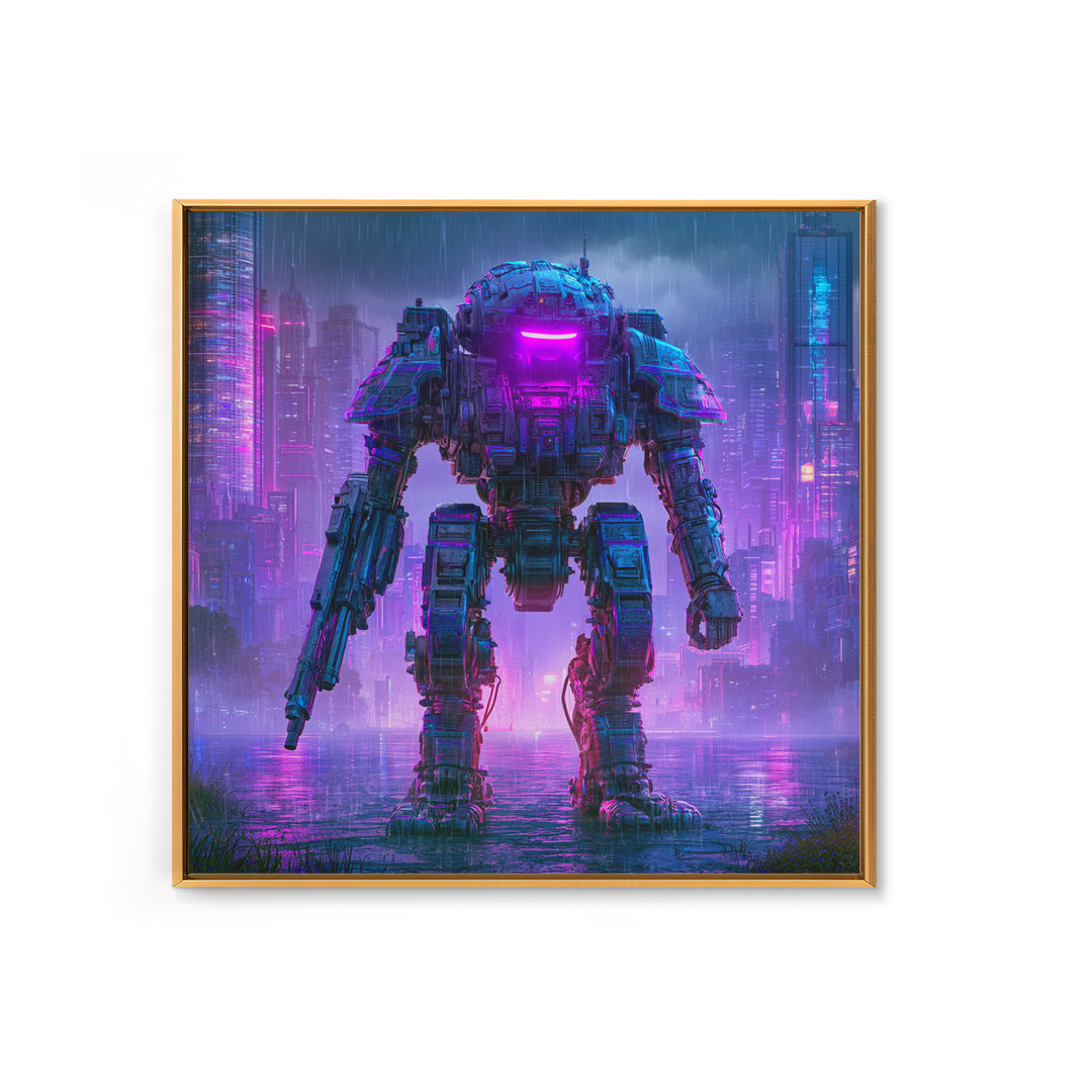 Mech Silhouette in Rainy Neon City Canvas Print, Scifi Art, Retro Wall Art, Living Room Decor, Oil Painting, Orbit, Fantasy Art, SCI-1x1-15