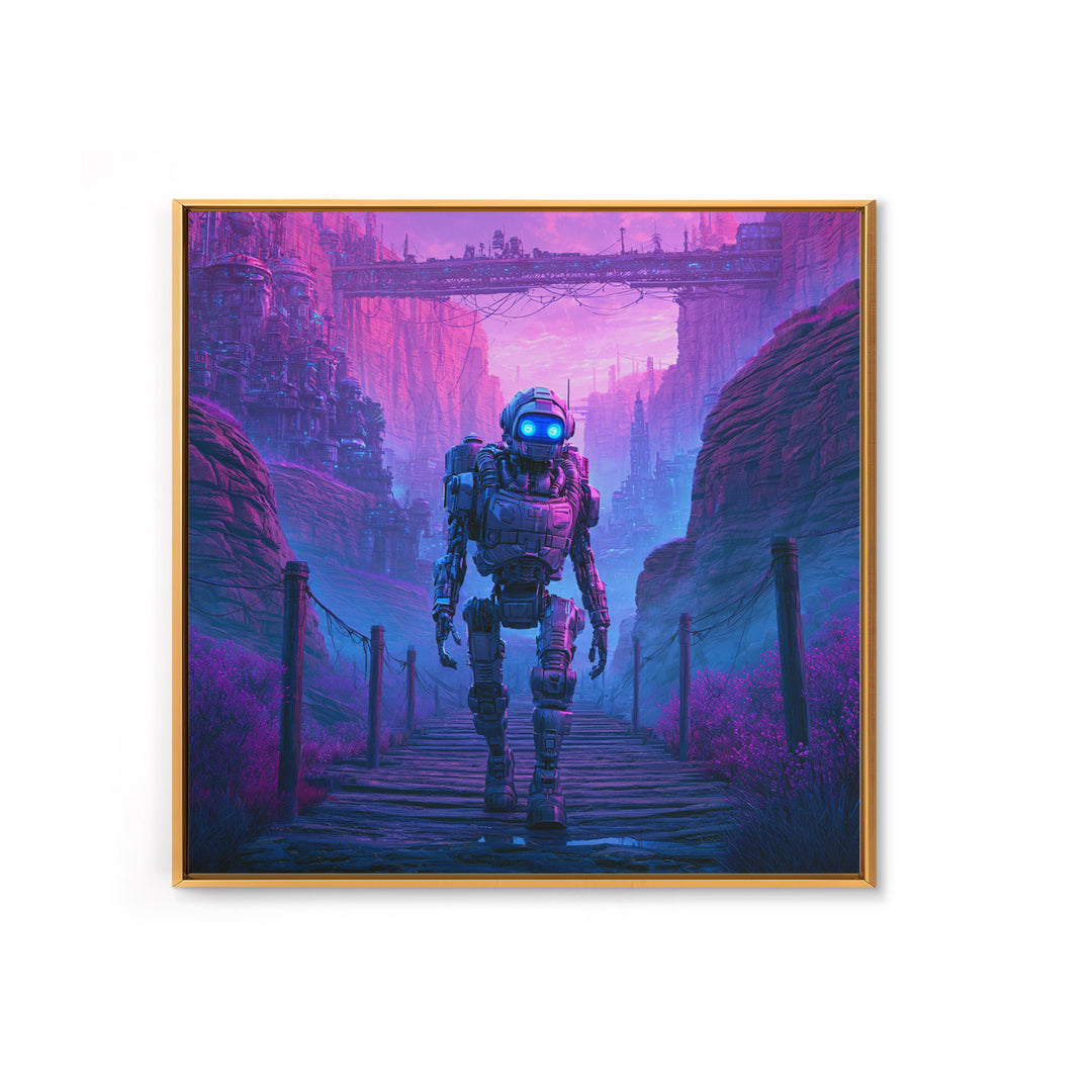 Robot Companion Crossing a Red Canyon Framed Canvas Print, Scifi Art, Decor, Living Room Decor, Orbit, Mid Century Art, SCI-1x1-28