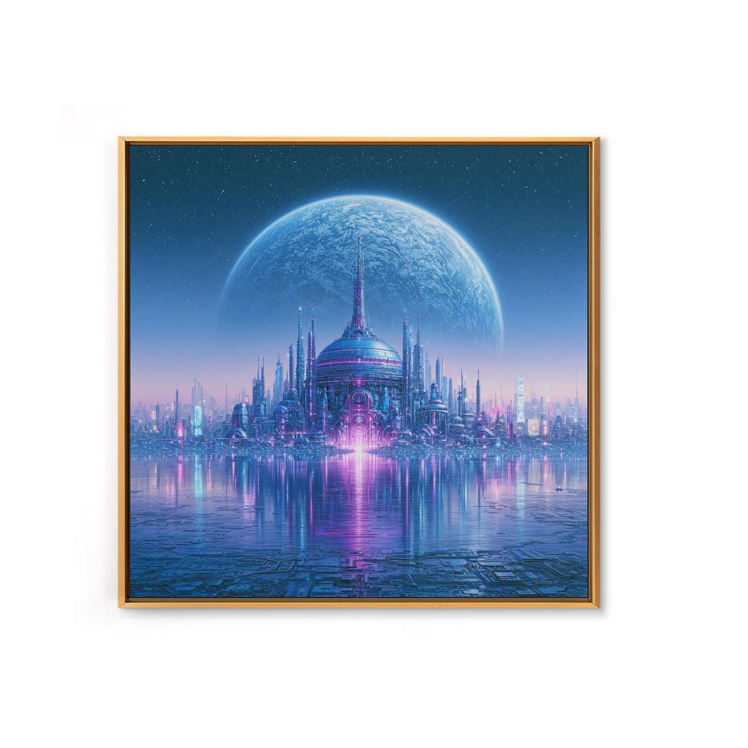 Moon Colony Beneath Earth Rise Framed Canvas Print, Scifi Art, Weird Art, Living Room Decor, Abstract Art, Orbit, Art Print, SCI-1x1-42