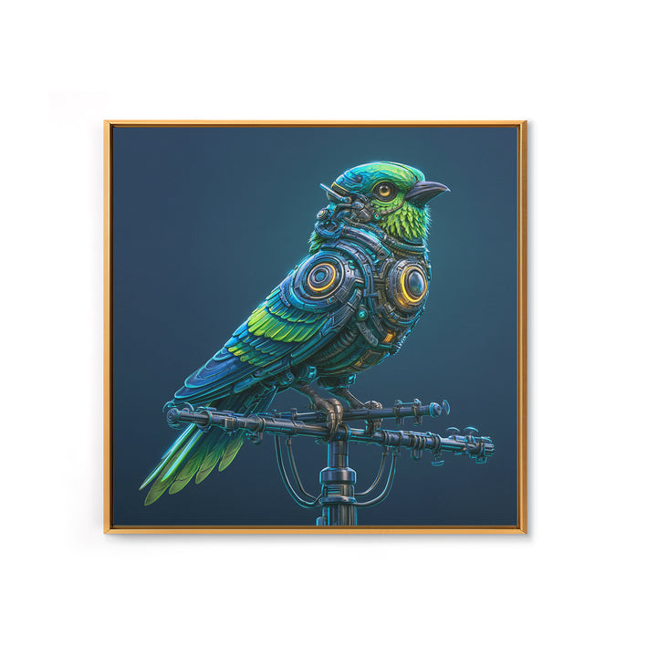 Robot Bird Perched on Antenna Framed Canvas Print, Scifi Art, Modern Art, Living Room Decor, Orbit, Retro Futurism Art, SCI-1x1-47
